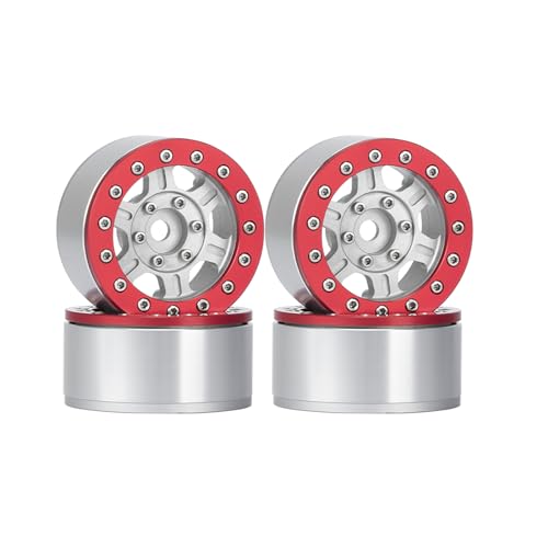 KINGCOO 6-Speichen RC Radnabe, 4Stück 1,55 Zoll Aluminiumlegierung Metall Beadlock Felgen Naben Räder Ersatzteile für 1/10 RC Crawler Auto für Axial SCX10 TRX4 Tamiya D90 1.55" Reifen (Silber+Rot) von KINGCOO