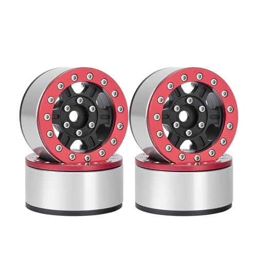 KINGCOO 6-Speichen RC Radnabe, 4Stück 1,55 Zoll Aluminiumlegierung Metall Beadlock Felgen Naben Räder Ersatzteile für 1/10 RC Crawler Auto für Axial SCX10 TRX4 Tamiya D90 1.55" Reifen (Schwarz+Rot) von KINGCOO