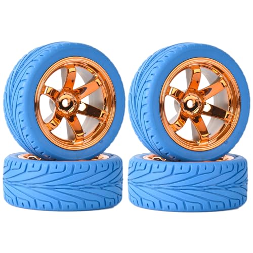 KINGCOO 65mm Gummireifen und Kunststoffräder Set,RC Auto Reifen und Rader Felgen 12mm Hex für 1/10 RC Auf Straße Racing Touring Auto für HSP HPI Kyosho Tamiya (Blau Orange) von KINGCOO