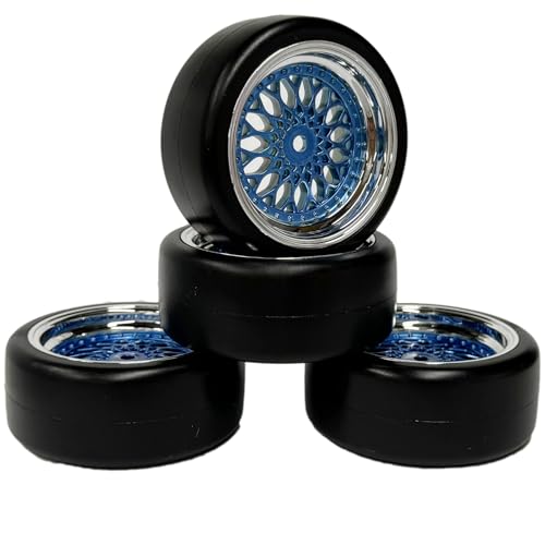 KINGCOO RC Auto Reifen und Räder Set, 4Stück 63mm Glatte Gummireifen Kunststoff Rad Felgen 12mm Hex für 1/10 RC On-Road Run-Flating Touring Racing Drifting Auto (Blau Silber, Offset 3mm) von KINGCOO