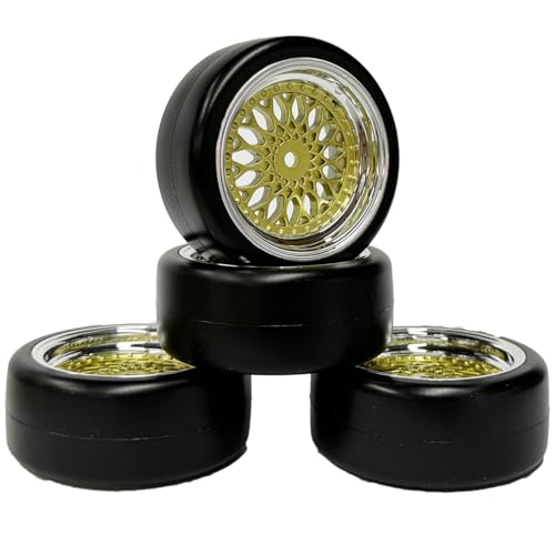 KINGCOO RC Auto Reifen und Räder Set, 4Stück 63mm Glatte Gummireifen Kunststoff Rad Felgen 12mm Hex für 1/10 RC On-Road Run-Flating Touring Racing Drifting Auto (Gold Silber, Offset 3mm) von KINGCOO