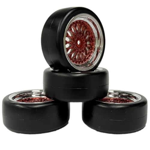 KINGCOO RC Auto Reifen und Räder Set, 4Stück 63mm Glatte Gummireifen Kunststoff Rad Felgen 12mm Hex für 1/10 RC On-Road Run-Flating Touring Racing Drifting Auto (Rot Silber, Offset 9mm) von KINGCOO