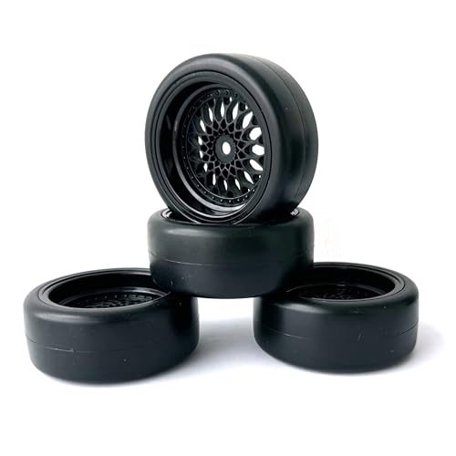 KINGCOO RC Auto Reifen und Räder Set, 4Stück 63mm Glatte Gummireifen Kunststoff Rad Felgen 12mm Hex für 1/10 RC On-Road Run-Flating Touring Racing Drifting Auto (Schwarz, Offset 6mm) von KINGCOO
