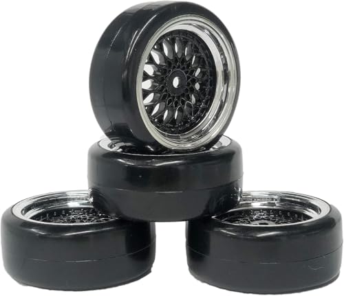 KINGCOO RC Auto Reifen und Räder Set, 4Stück 63mm Glatte Gummireifen Kunststoff Rad Felgen 12mm Hex für 1/10 RC On-Road Run-Flating Touring Racing Drifting Auto (Schwarz Silber, Offset 9mm) von KINGCOO