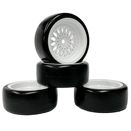 KINGCOO RC Auto Reifen und Räder Set, 4Stück 63mm Glatte Gummireifen Kunststoff Rad Felgen 12mm Hex für 1/10 RC On-Road Run-Flating Touring Racing Drifting Auto (Weiß, Offset 6mm) von KINGCOO
