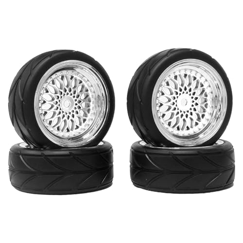 RC Auto Reifen und Räder Set,KINGCOO 4Stück 64mm Gummireifen Kunststoffbeschichtung Rad 12mm Hex für 1/10 RC On-Road Run-Flating Touring Racing Auto(Y-förmiges Silber) von KINGCOO