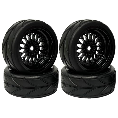 KINGCOO RC Auto Reifen und Räder Set, 4Stück 64mm Gummireifen mit 52mm/2,05 Zoll Kunststoff Felgen Rad 12mm Hex für 1/10 RC On-Road Run-Flating Touring Racing DriftAuto Car (Schwarz, Offset:3mm) von KINGCOO