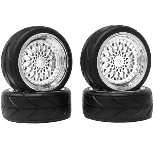 KINGCOO RC Auto Reifen und Räder Set, 4Stück 64mm Gummireifen mit 52mm/2,05 Zoll Kunststoff Felgen Rad 12mm Hex für 1/10 RC On-Road Run-Flating Touring Racing DriftAuto Car (Silber, Offset:9mm) von KINGCOO