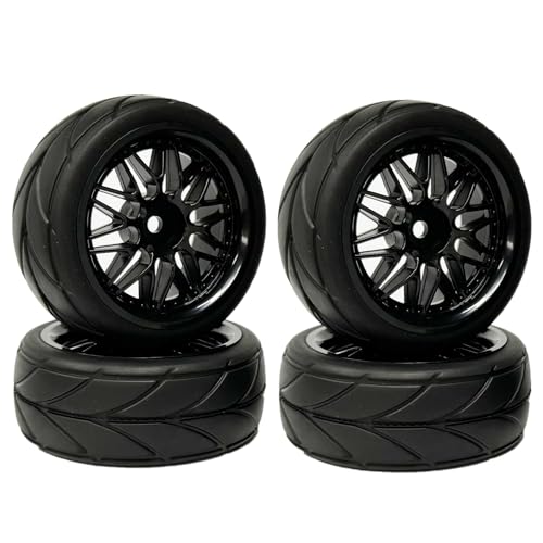 KINGCOO RC Auto Reifen und Räder Set, 4Stück 64mm Gummireifen und 10Y-förmig Kunststoff Rad Felgen 12mm Hex für 1/10 RC On-Road Run-Flating Touring Racing Auto (Schwarz) von KINGCOO