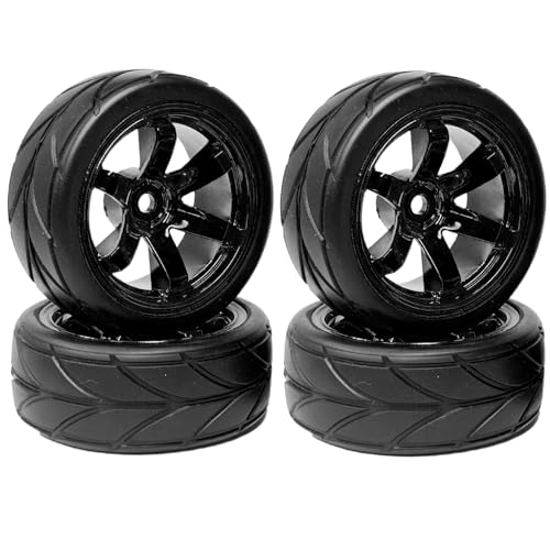 RC Auto Reifen und Räder Set,KINGCOO 4Stück 64mm Gummireifen und 6 Speichen Felgen Kunststoff Rad 12mm Hex für 1/10 RC On-Road Run-Flating Touring Racing Auto (Schwarz) von KINGCOO