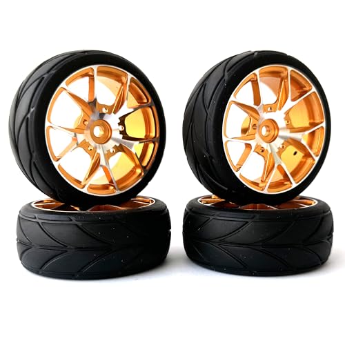 KINGCOO RC Auto Reifen und Räder Set, 4Stück 64mm Gummireifen und 7Y-Form Aluminium Legierung Metall Felgen Rad 12mm Hex für 1/10 RC On-Road Run-Flating Touring Racing Auto Reifen (5Y-Form Gold) von KINGCOO