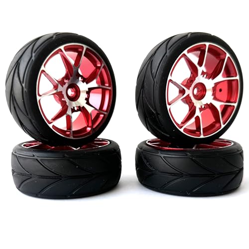 KINGCOO RC Auto Reifen und Räder Set, 4Stück 64mm Gummireifen und 7Y-Form Aluminium Legierung Metall Felgen Rad 12mm Hex für 1/10 RC On-Road Run-Flating Touring Racing Auto Reifen (5Y-Form Rot) von KINGCOO