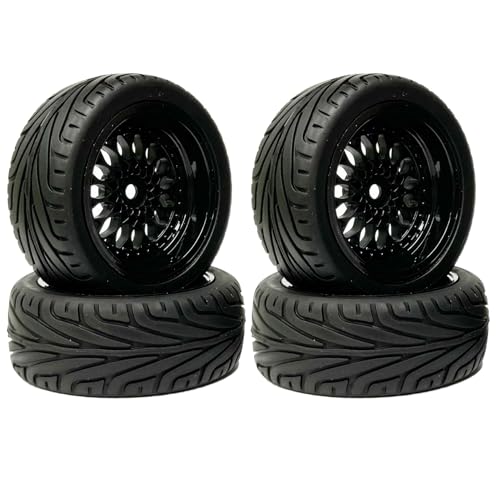 KINGCOO RC Auto Reifen und Räder Set, 4Stück 65mm Gummireifen mit Kunststoffbeschichtung Rad Felgen für 1/10 RC auf der Straße Run-Flating Touring Racing Modellauto (Schwarz, Offset:6mm) von KINGCOO