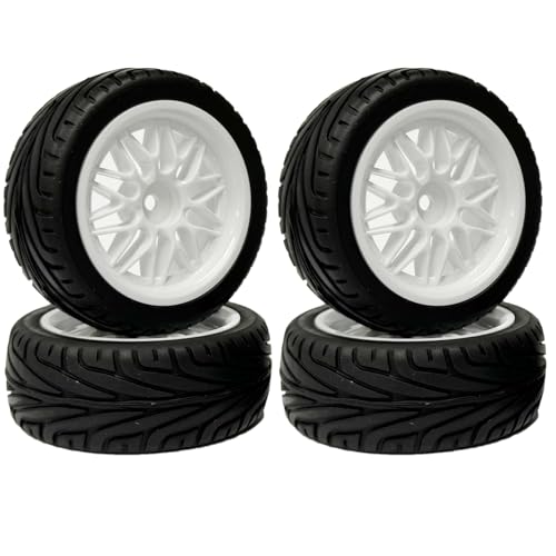 KINGCOO RC Auto Reifen und Räder Set, 4Stück 65mm Gummireifen und Kunststoff Räder 10Y Speichen Felgen 12mm Hex für 1/10 RC On-Road Touring Racing Auto Ersatzteil (Weiß) von KINGCOO