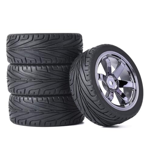 KINGCOO RC Auto Reifen und Räder Set, 4Stück 65mm Gummireifen und Kunststoff Räder 6 Speichen Felgen 12mm Hex für 1/10 RC On-Road Touring Racing Auto für HSP HPI Kyosho Tamiya (Grau) von KINGCOO