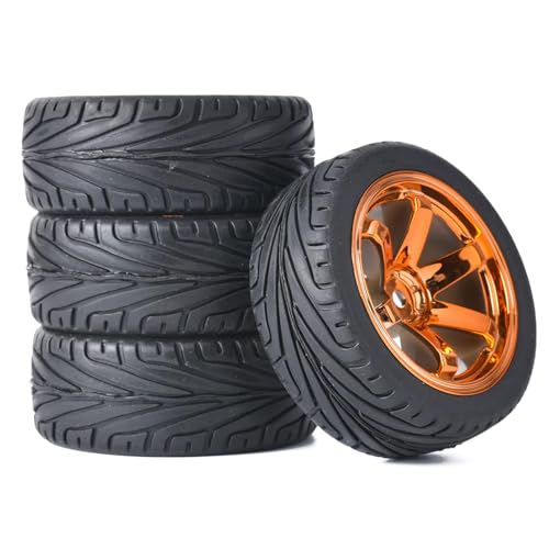 RC Auto Reifen und Räder Set,KINGCOO 4Stück 65mm Gummireifen und Kunststoff Räder 6 Speichen Felgen 12mm Hex für 1/10 RC On-Road Touring Racing Auto für HSP HPI Kyosho Tamiya (Orange) von KINGCOO