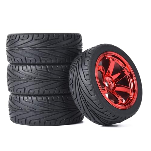 RC Auto Reifen und Räder Set,KINGCOO 4Stück 65mm Gummireifen und Kunststoff Räder 6 Speichen Felgen 12mm Hex für 1/10 RC On-Road Touring Racing Auto für HSP HPI Kyosho Tamiya (Rot) von KINGCOO