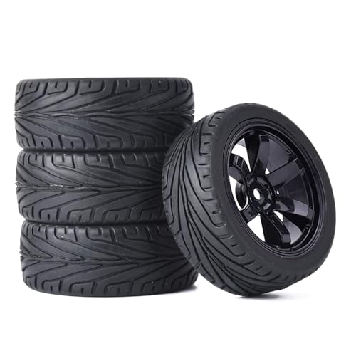 RC Auto Reifen und Räder Set,KINGCOO 4Stück 65mm Gummireifen und Kunststoff Räder 6 Speichen Felgen 12mm Hex für 1/10 RC On-Road Touring Racing Auto für HSP HPI Kyosho Tamiya (Schwarz) von KINGCOO