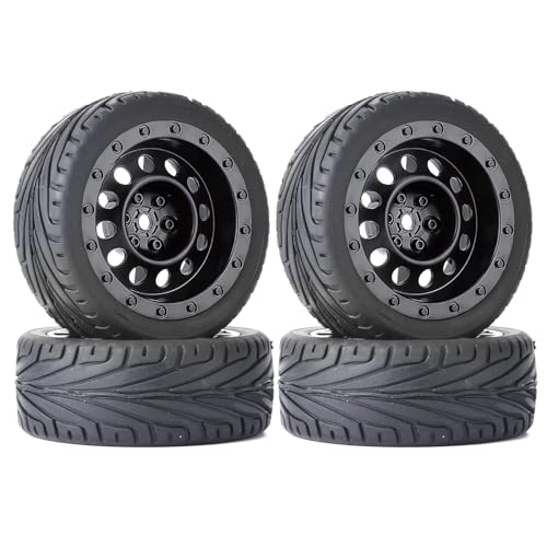 RC Auto Reifen und Räder Set,KINGCOO 4Stück 65mm Gummireifen und Kunststoff Vintage Räder Felgen 12mm Hex für 1/10 RC On-Road Touring Racing Auto für HSP HPI Kyosho Tamiya (Schwarz) von KINGCOO