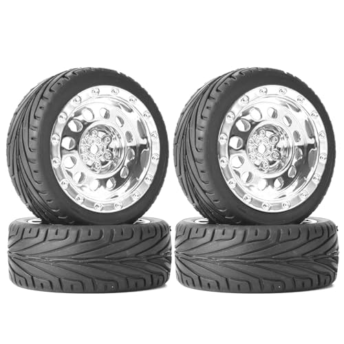 RC Auto Reifen und Räder Set,KINGCOO 4Stück 65mm Gummireifen und Kunststoff Vintage Räder Felgen 12mm Hex für 1/10 RC On-Road Touring Racing Auto für HSP HPI Kyosho Tamiya (Silber) von KINGCOO