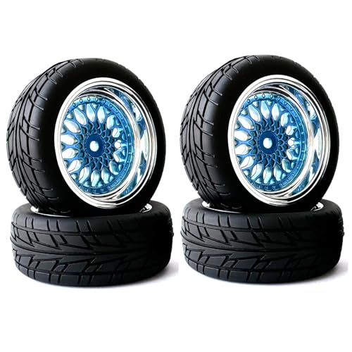 KINGCOO RC Auto Reifen und Räder Set, 4Stück 66mm Gummireifen Kunststoff Felgen Räder 12mm Hex für 1/10 RC On-Road Run-Flating Touring Racing Drifting Auto (Blau Silber, Offset 9mm) von KINGCOO