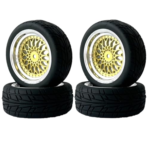 KINGCOO RC Auto Reifen und Räder Set, 4Stück 66mm Gummireifen Kunststoff Felgen Räder 12mm Hex für 1/10 RC On-Road Run-Flating Touring Racing Drifting Auto (Gold Silber, Offset 3mm) von KINGCOO