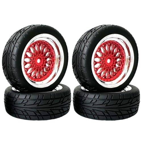 KINGCOO RC Auto Reifen und Räder Set, 4Stück 66mm Gummireifen Kunststoff Felgen Räder 12mm Hex für 1/10 RC On-Road Run-Flating Touring Racing Drifting Auto (Rot Silber, Offset 9mm) von KINGCOO