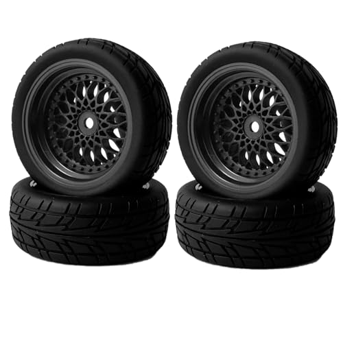 KINGCOO RC Auto Reifen und Räder Set, 4Stück 66mm Gummireifen Kunststoff Felgen Räder 12mm Hex für 1/10 RC On-Road Run-Flating Touring Racing Drifting Auto (Schwarz, Offset 6mm) von KINGCOO