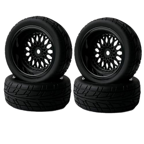 KINGCOO RC Auto Reifen und Räder Set, 4Stück 66mm Gummireifen Kunststoff Felgen Räder 12mm Hex für 1/10 RC On-Road Run-Flating Touring Racing Drifting Auto (Schwarz, Offset 9mm) von KINGCOO