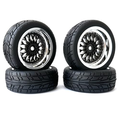 KINGCOO RC Auto Reifen und Räder Set, 4Stück 66mm Gummireifen Kunststoff Felgen Räder 12mm Hex für 1/10 RC On-Road Run-Flating Touring Racing Drifting Auto (Schwarz Silber, Offset 9mm) von KINGCOO