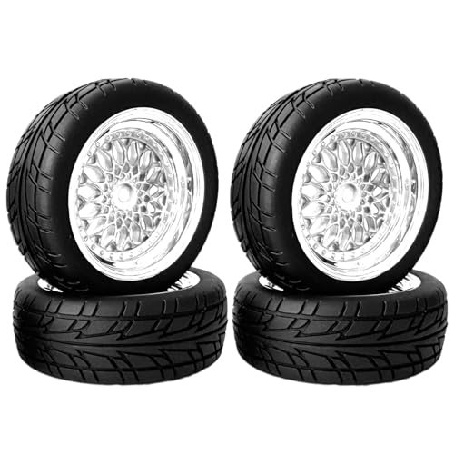 KINGCOO RC Auto Reifen und Räder Set, 4Stück 66mm Gummireifen Kunststoff Felgen Räder 12mm Hex für 1/10 RC On-Road Run-Flating Touring Racing Drifting Auto (Silber, Offset 9mm) von KINGCOO