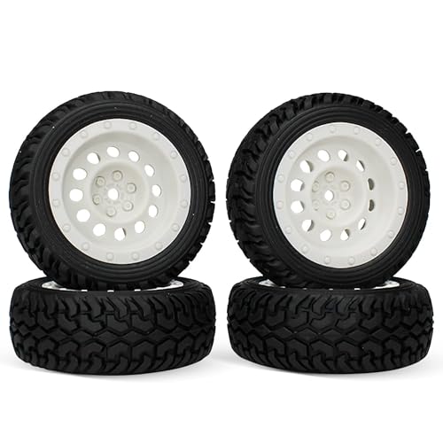 KINGCOO RC Auto Reifen und Räder Set, 4Stück 75mm Gummireifen und Kunststoff Vintage Räder Felgen für 1/10 RC On-Road Racing Auto 1/16 RC Rallye Auto für Kyosho Tamiya HSP HPI (Weiß) von KINGCOO