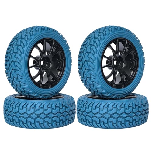 KINGCOO RC Auto Reifen und Räder Set, 4Stück 75mm Gummireifen und Kunststoffräder Felgen 12mm Hex für 1/10 RC Auf Straße Auto Ersatzteile 1/16 RC Rallye Auto für HSP HPI Tamiya Kyosho (Blau) von KINGCOO