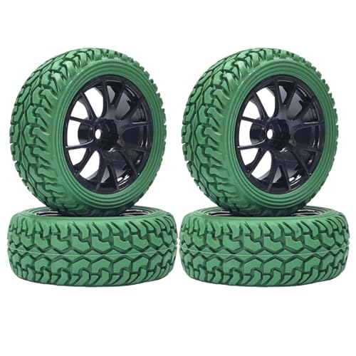 KINGCOO RC Auto Reifen und Räder Set, 4Stück 75mm Gummireifen und Kunststoffräder Felgen 12mm Hex für 1/10 RC Auf Straße Auto Ersatzteile 1/16 RC Rallye Auto für HSP HPI Tamiya Kyosho (Grün) von KINGCOO