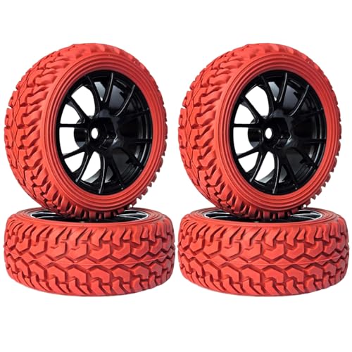 KINGCOO RC Auto Reifen und Räder Set, 4Stück 75mm Gummireifen und Kunststoffräder Felgen 12mm Hex für 1/10 RC Auf Straße Auto Ersatzteile 1/16 RC Rallye Auto für HSP HPI Tamiya Kyosho (Rot) von KINGCOO