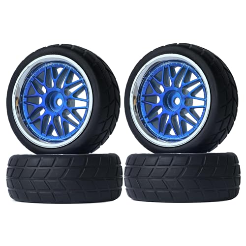 KINGCOO RC Auto Reifen und Räder Set, 4Stück Gummireifen und 10Y-förmig Kunststoff Rad Felgen für 1/10 RC On-Road Run-Flating Touring Racing Auto TT01 TT02 (Blau Silber, B) von KINGCOO