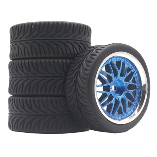 KINGCOO RC Auto Reifen und Räder Set, 4Stück Gummireifen und 10Y-förmig Kunststoff Rad Felgen für 1/10 RC On-Road Run-Flating Touring Racing Auto TT01 TT02 (Blau Silber, E) von KINGCOO