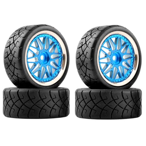 KINGCOO RC Auto Reifen und Räder Set, 4Stück Gummireifen und 10Y-förmig Kunststoff Rad Felgen für 1/10 RC On-Road Run-Flating Touring Racing Auto TT01 TT02 (Blau Silber, H) von KINGCOO
