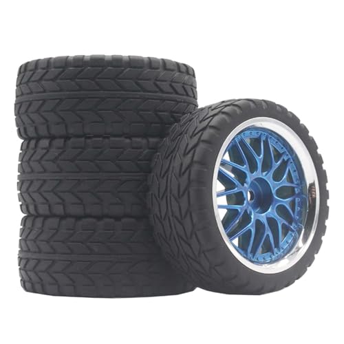 KINGCOO RC Auto Reifen und Räder Set, 4Stück Gummireifen und 10Y-förmig Kunststoff Rad Felgen für 1/10 RC On-Road Run-Flating Touring Racing Auto TT01 TT02 (Blau Silber, J) von KINGCOO