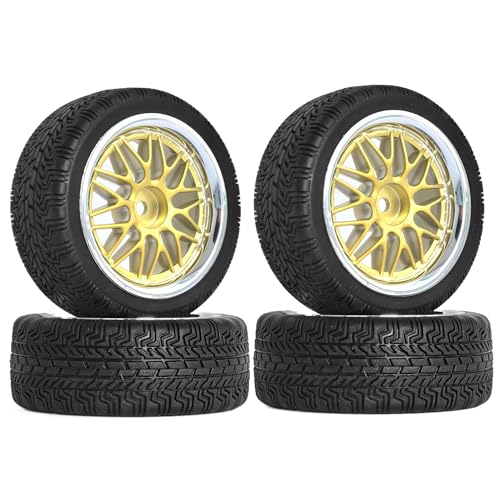 KINGCOO RC Auto Reifen und Räder Set, 4Stück Gummireifen und 10Y-förmig Kunststoff Rad Felgen für 1/10 RC On-Road Run-Flating Touring Racing Auto TT01 TT02 (Gold Silber, A) von KINGCOO