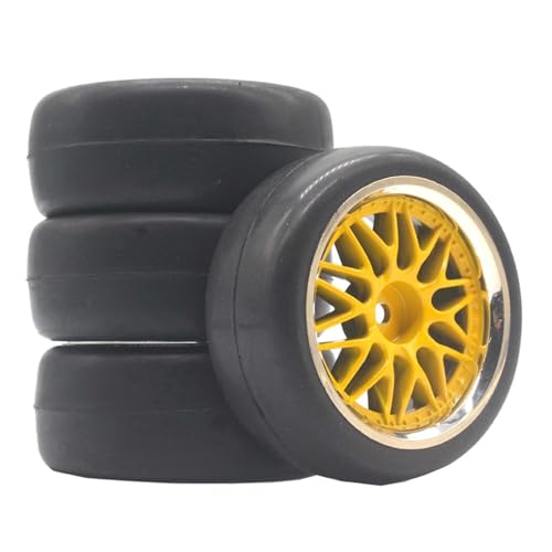 KINGCOO RC Auto Reifen und Räder Set, 4Stück Gummireifen und 10Y-förmig Kunststoff Rad Felgen für 1/10 RC On-Road Run-Flating Touring Racing Auto TT01 TT02 (Gold Silber, G) von KINGCOO