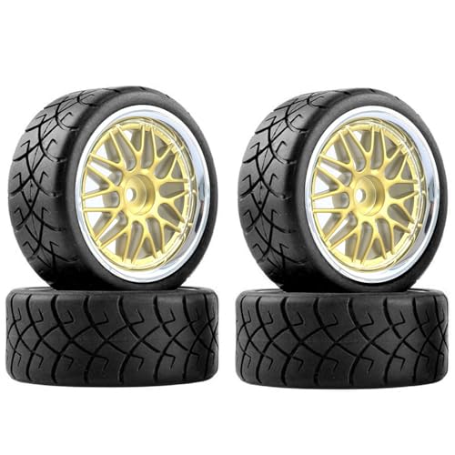KINGCOO RC Auto Reifen und Räder Set, 4Stück Gummireifen und 10Y-förmig Kunststoff Rad Felgen für 1/10 RC On-Road Run-Flating Touring Racing Auto TT01 TT02 (Gold Silber, H) von KINGCOO