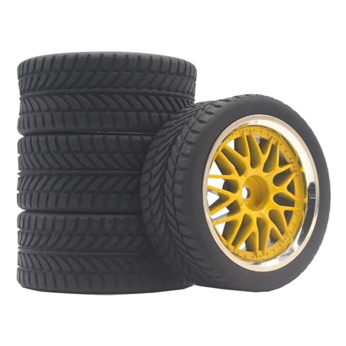 KINGCOO RC Auto Reifen und Räder Set, 4Stück Gummireifen und 10Y-förmig Kunststoff Rad Felgen für 1/10 RC On-Road Run-Flating Touring Racing Auto TT01 TT02 (Gold Silber, I) von KINGCOO