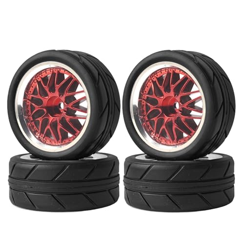 KINGCOO RC Auto Reifen und Räder Set, 4Stück Gummireifen und 10Y-förmig Kunststoff Rad Felgen für 1/10 RC On-Road Run-Flating Touring Racing Auto TT01 TT02 (Rot Silber, 62mm) von KINGCOO