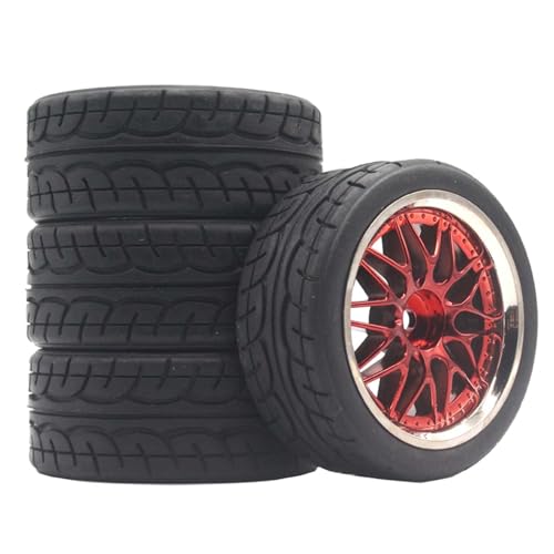 KINGCOO RC Auto Reifen und Räder Set, 4Stück Gummireifen und 10Y-förmig Kunststoff Rad Felgen für 1/10 RC On-Road Run-Flating Touring Racing Auto TT01 TT02 (Rot Silber, C) von KINGCOO