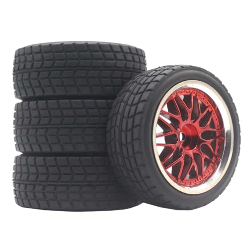 KINGCOO RC Auto Reifen und Räder Set, 4Stück Gummireifen und 10Y-förmig Kunststoff Rad Felgen für 1/10 RC On-Road Run-Flating Touring Racing Auto TT01 TT02 (Rot Silber, F) von KINGCOO