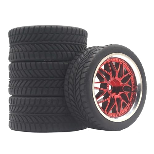 KINGCOO RC Auto Reifen und Räder Set, 4Stück Gummireifen und 10Y-förmig Kunststoff Rad Felgen für 1/10 RC On-Road Run-Flating Touring Racing Auto TT01 TT02 (Rot Silber, I) von KINGCOO