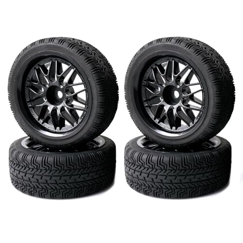 KINGCOO RC Auto Reifen und Räder Set, 4Stück Gummireifen und 10Y-förmig Kunststoff Rad Felgen für 1/10 RC On-Road Run-Flating Touring Racing Auto TT01 TT02 (Schwarz, A) von KINGCOO