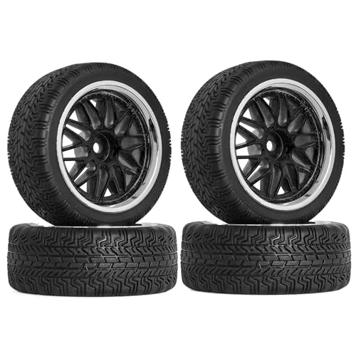 KINGCOO RC Auto Reifen und Räder Set, 4Stück Gummireifen und 10Y-förmig Kunststoff Rad Felgen für 1/10 RC On-Road Run-Flating Touring Racing Auto TT01 TT02 (Schwarz Silber, A) von KINGCOO