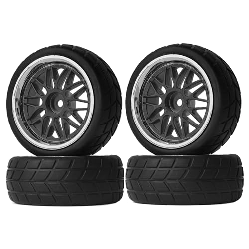 KINGCOO RC Auto Reifen und Räder Set, 4Stück Gummireifen und 10Y-förmig Kunststoff Rad Felgen für 1/10 RC On-Road Run-Flating Touring Racing Auto TT01 TT02 (Schwarz Silber, B) von KINGCOO